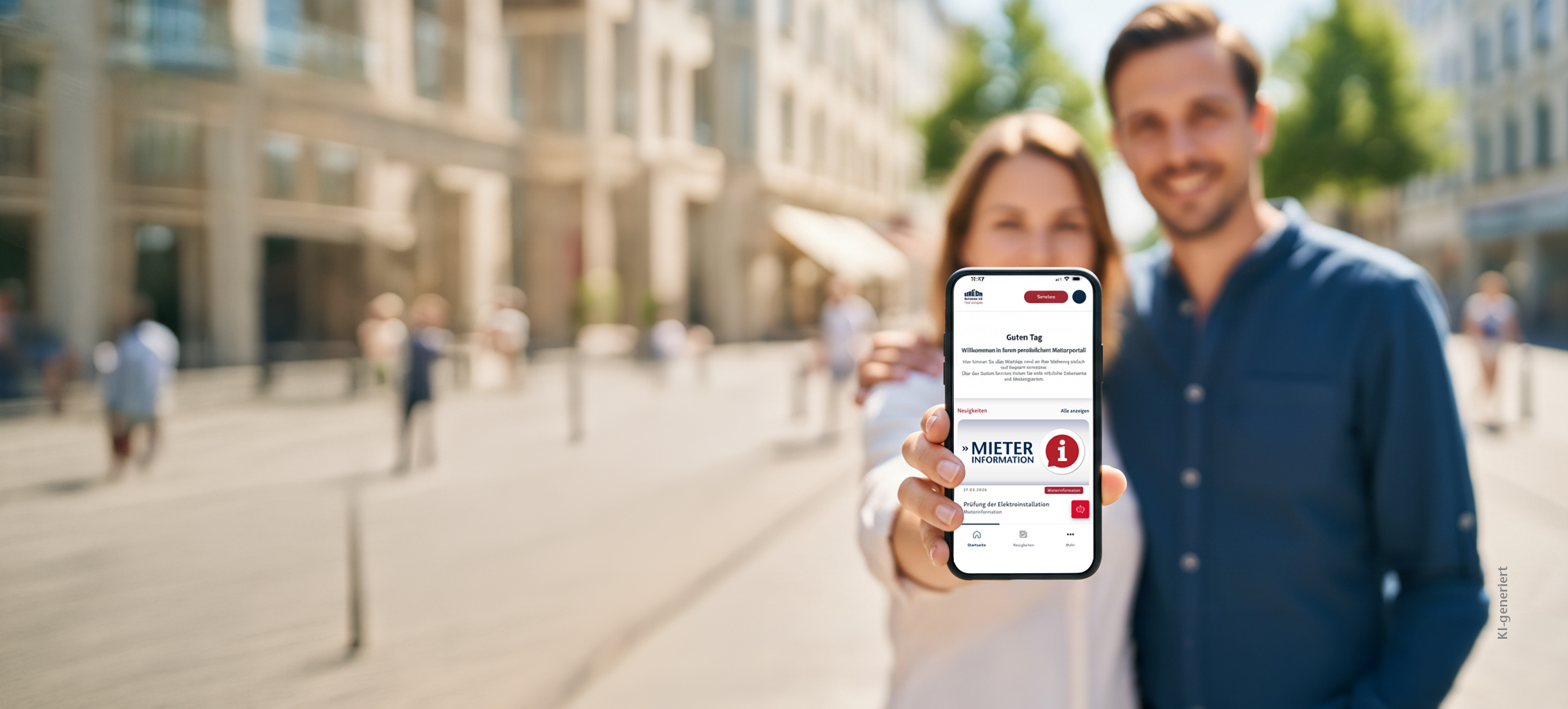 my Client junges Pärchen ist unterwegs, sie hat ein Smartphone in der Hand und und streckt das Display mit dem Mieterportal in die Kamera, das Bild ist KI-generiert