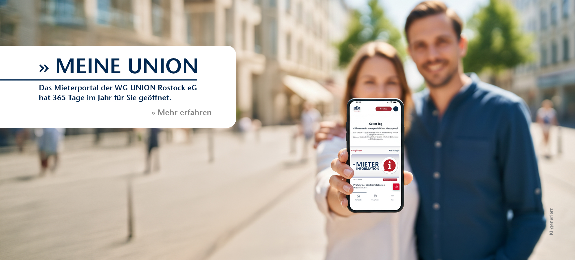 junges Pärchen ist unterwegs, sie hat ein Smartphone in der Hand und und streckt das Display mit dem Mieterportal in die Kamera, das Bild ist KI-generiert